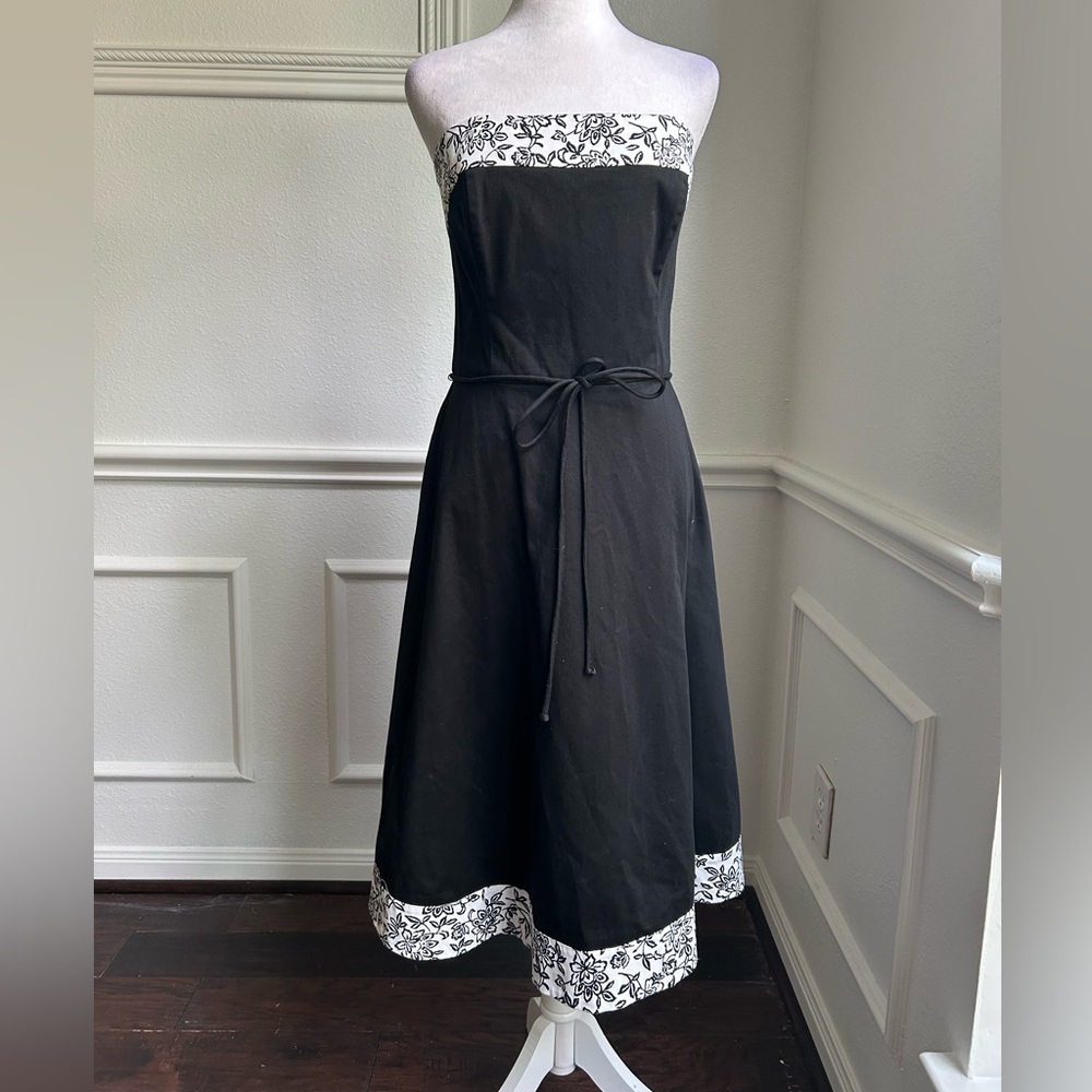 White House Black Market Strapless Black Dress with White Floral Accents
